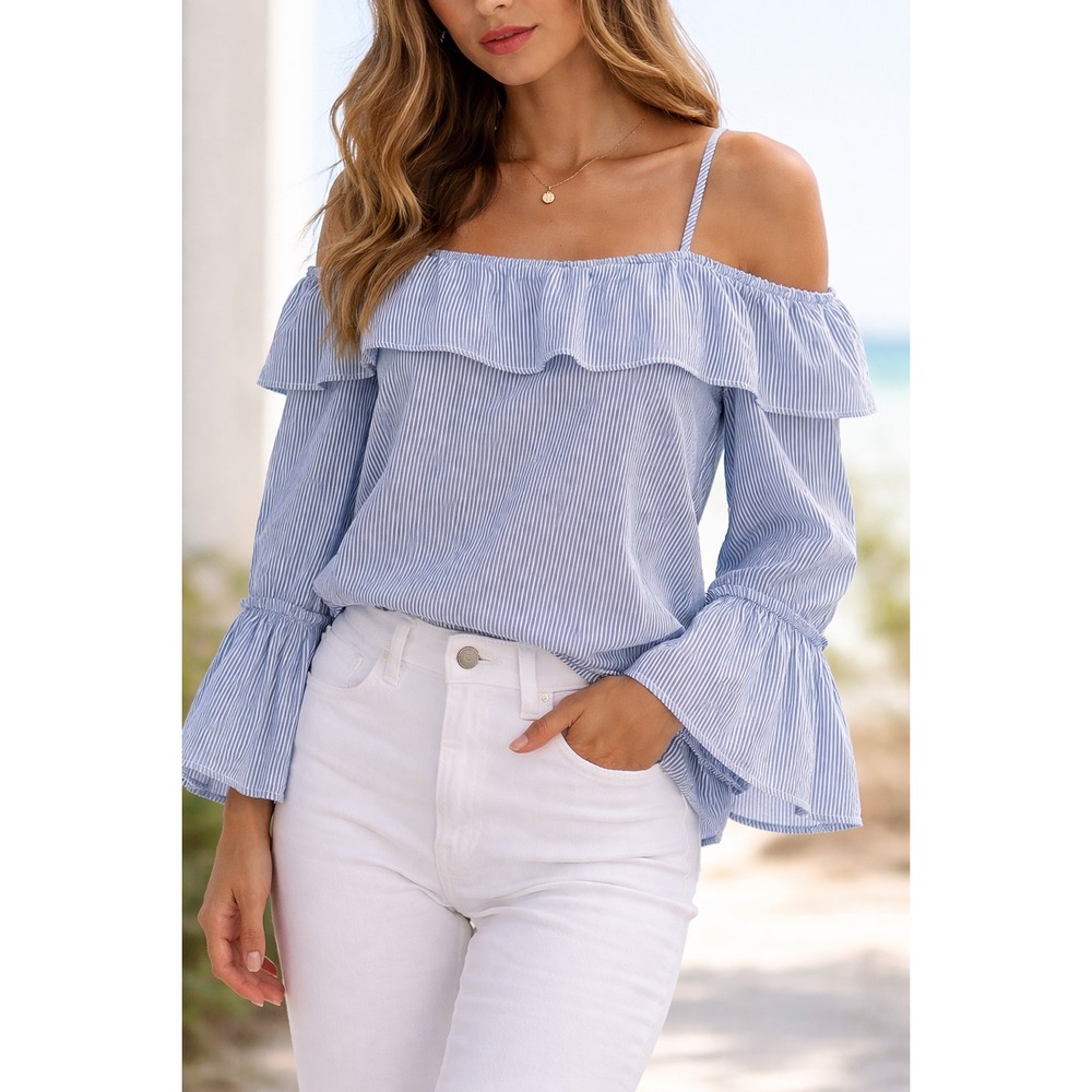 Hamptons Coastal Stripe Off Shoulder Ruffle Bell‎ Sleeve Top Blue White SZ M